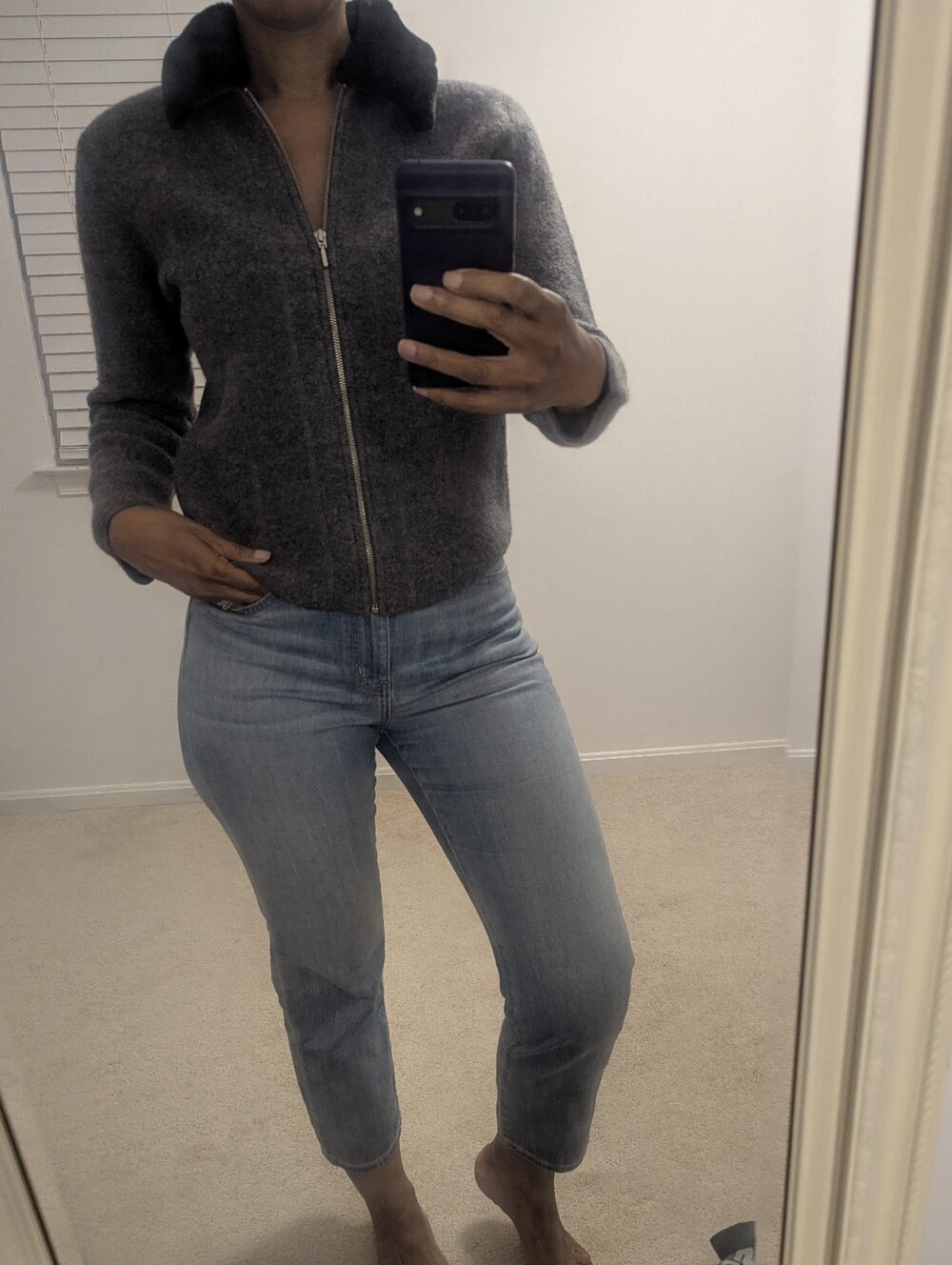 Style & Co. Petite Gray 100% Wool Zip Jacket with Black Faux Fur Collar